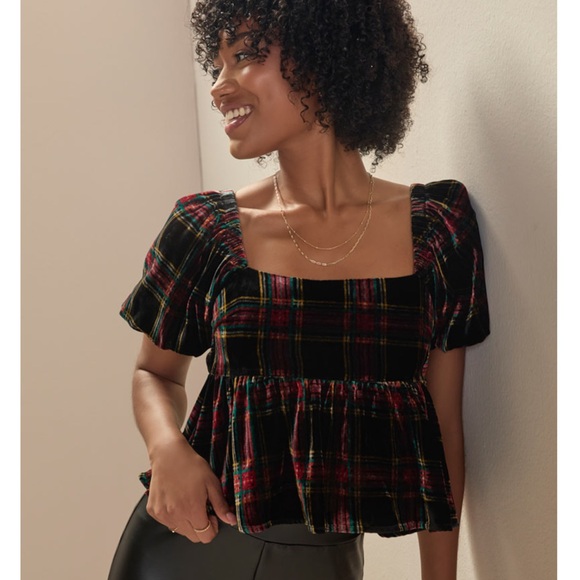 Tops - Velvet Holiday Plaid Tie Back Too M